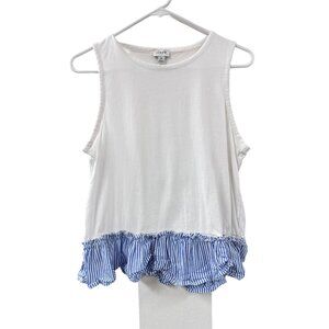 🌸3/$15🌸JCrew White Tank Top with Blue & White Striped Ruffled Hem sz M